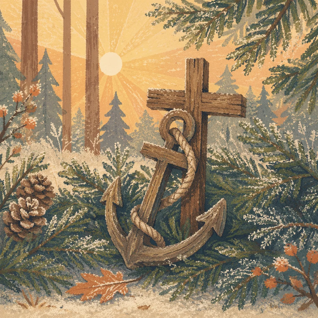 Wooden Anchor Cross Among Evergreen Frost