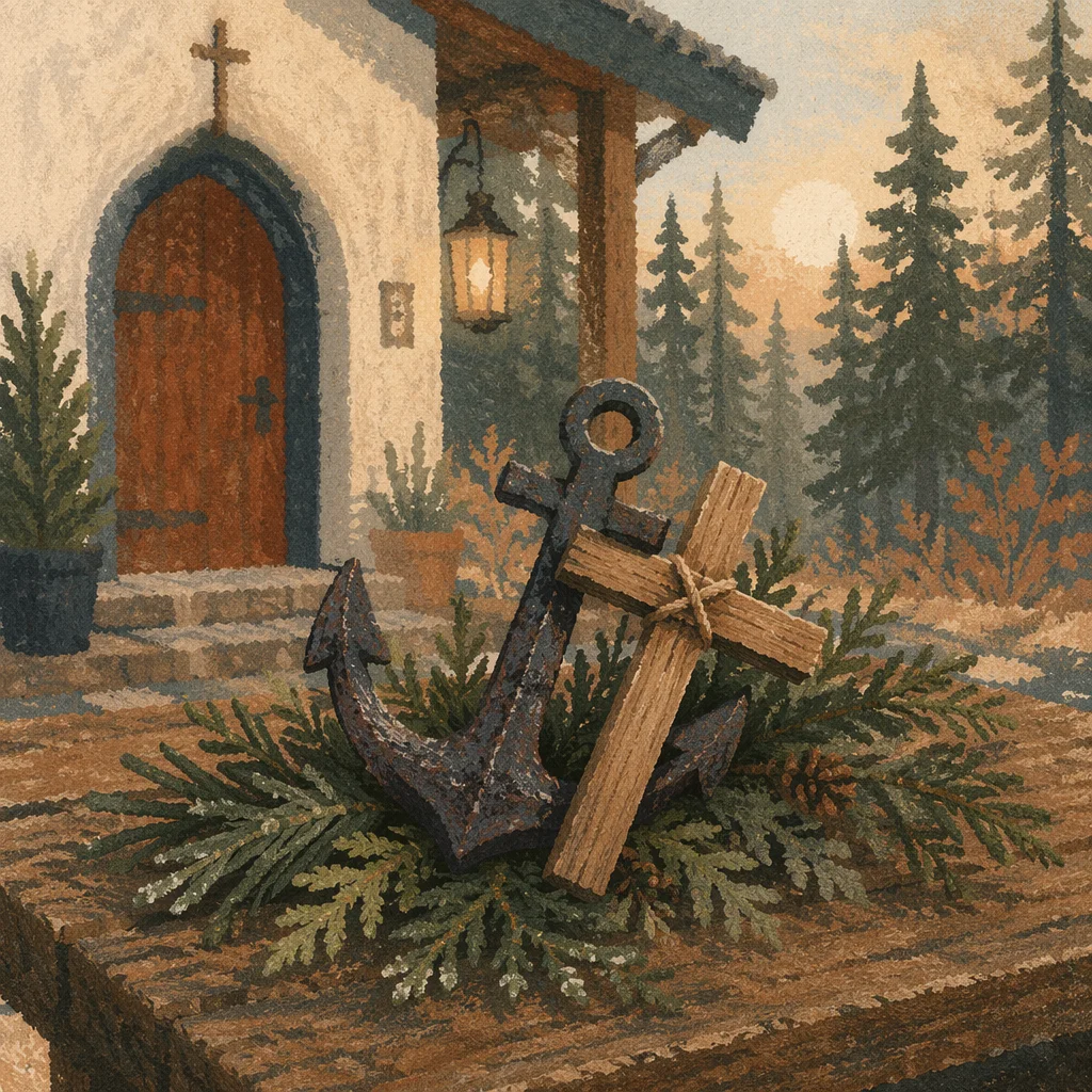 Anchor Cross Hope Among Evergreen Branches