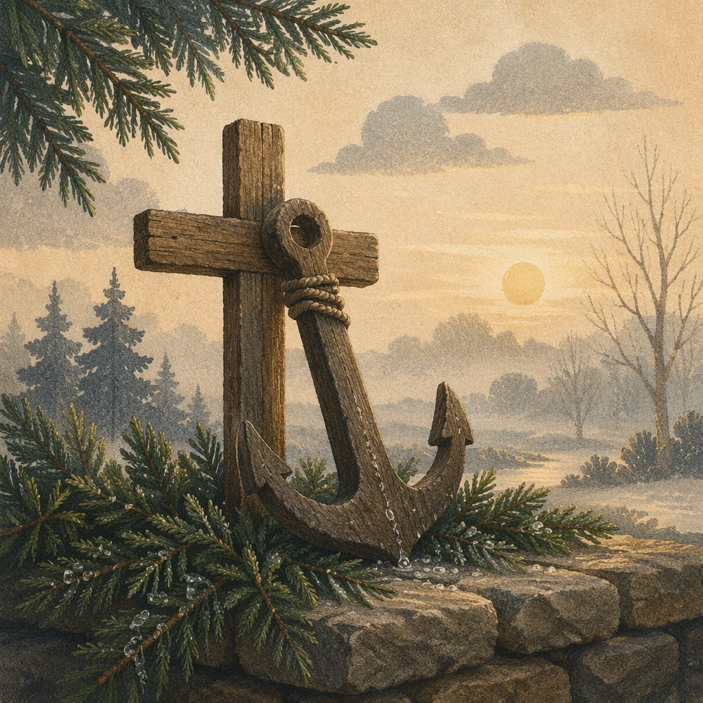 Weathered Anchor and Cross Among Evergreens