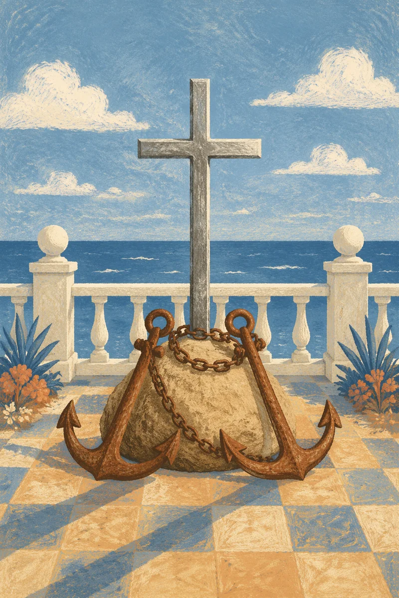 Anchors and Cross Beside Calm Ocean