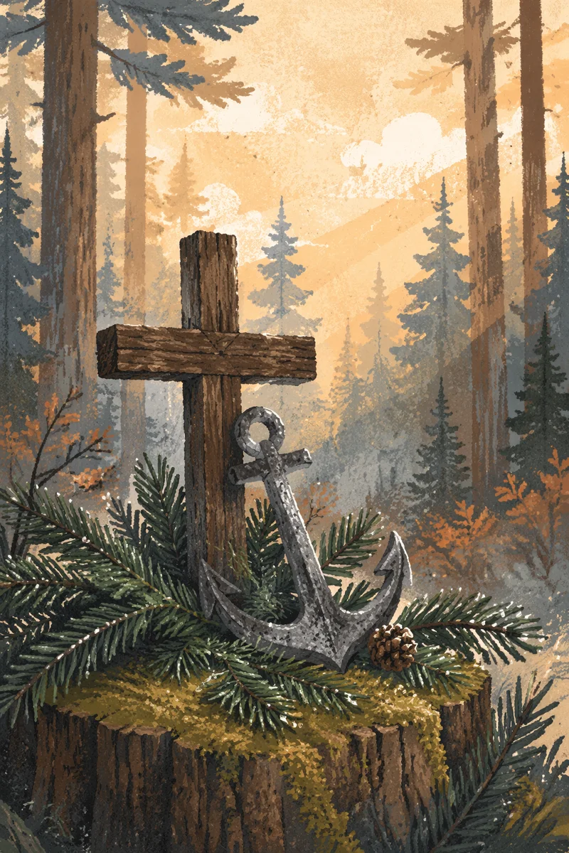 Anchor and Cross in Evergreen Forest