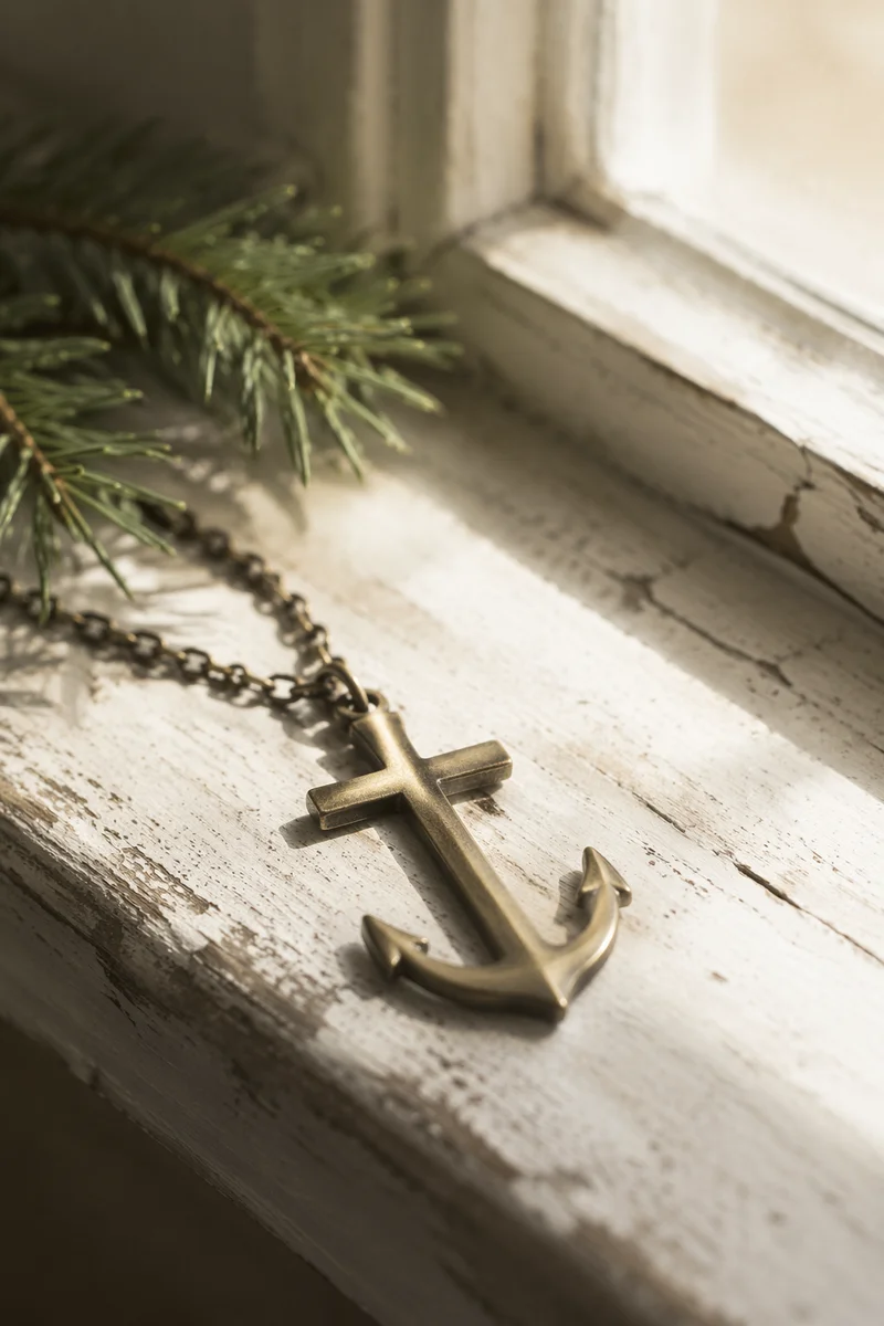 Antique Anchor Cross Pendant with Evergreen