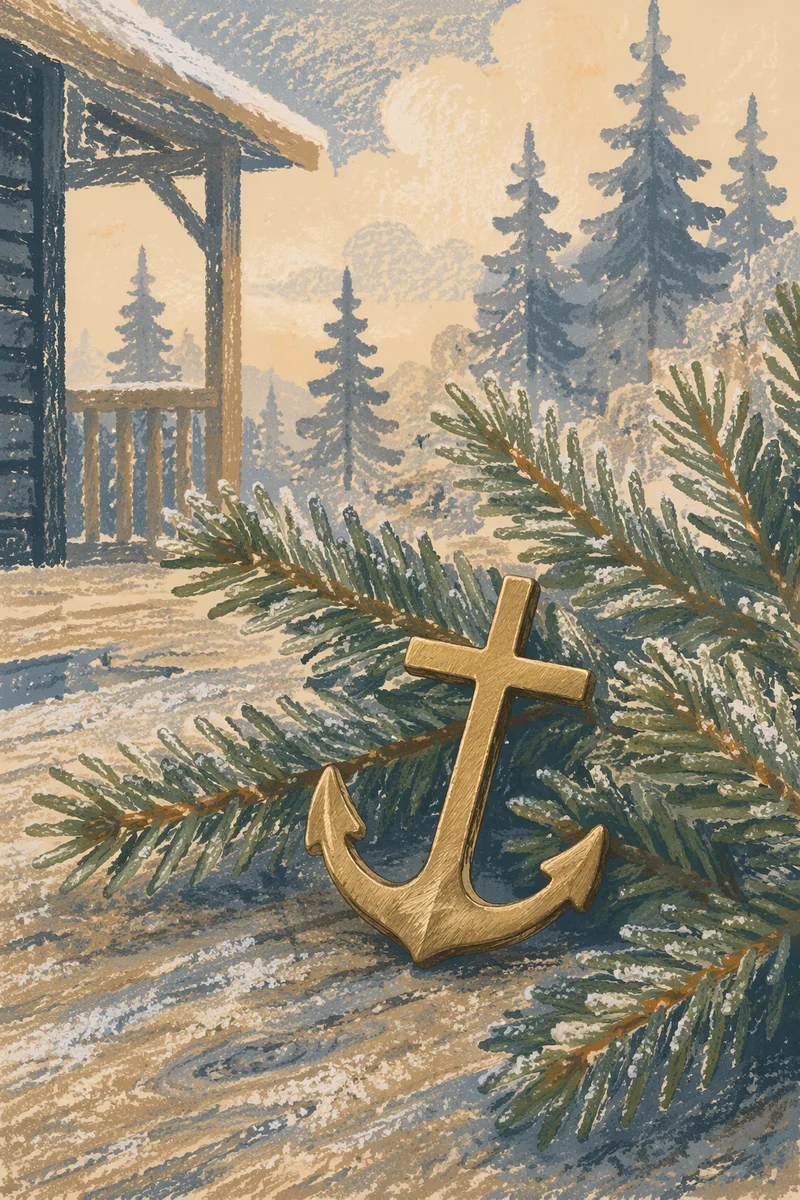 Brass Anchor Cross in Frosted Evergreens