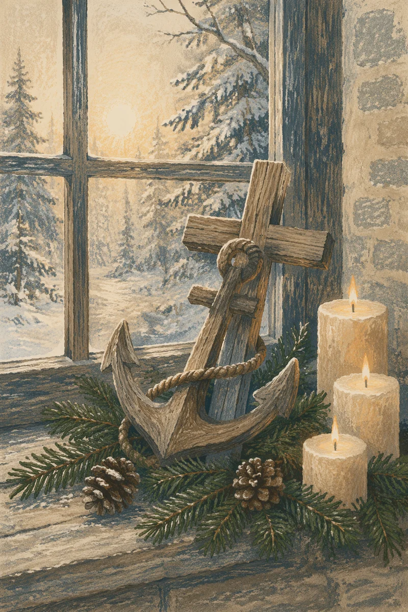 Anchor and Cross on Evergreen Windowsill