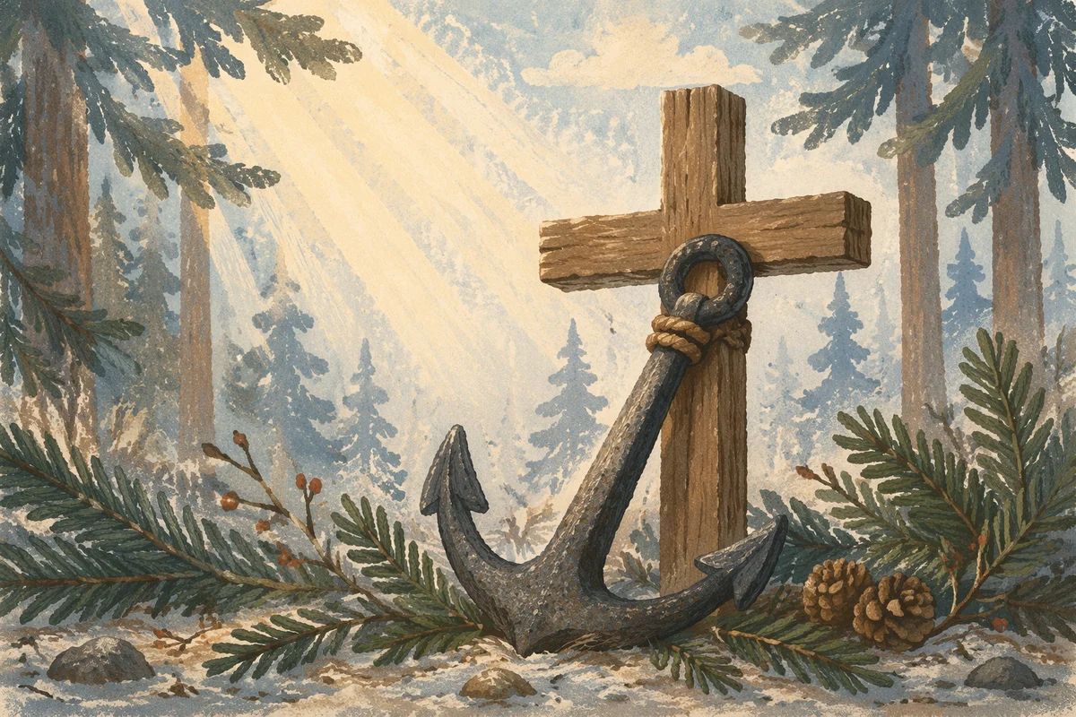 Anchor and Cross Among Evergreen Frost