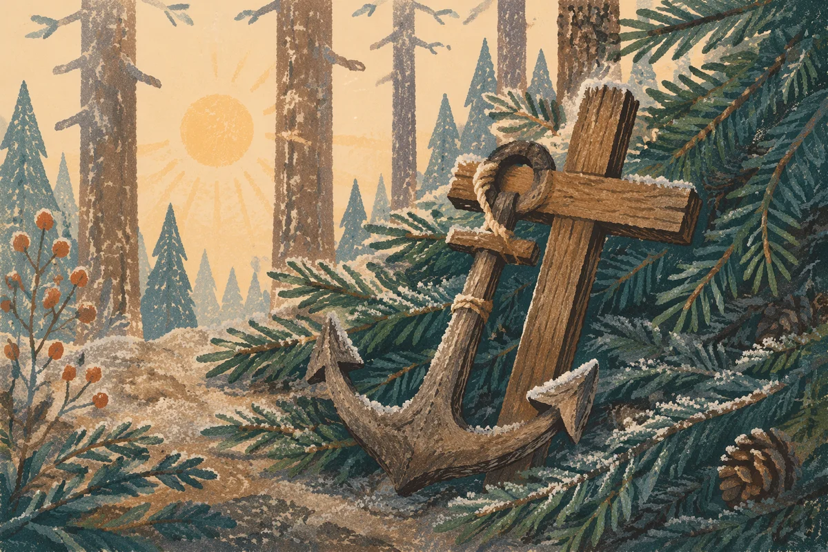 Wooden Anchor Cross Among Evergreen Frost