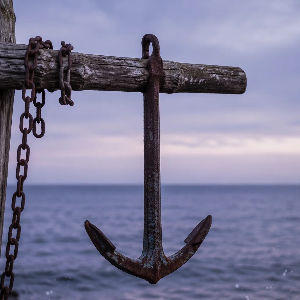 Weathered Anchor Cross Over Twilight Sea