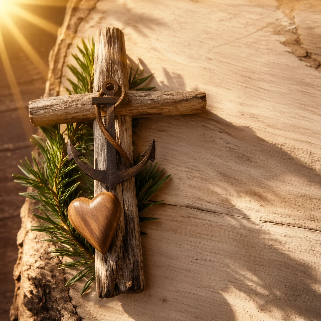 Driftwood Cross Anchor Hope with Evergreen Sprigs