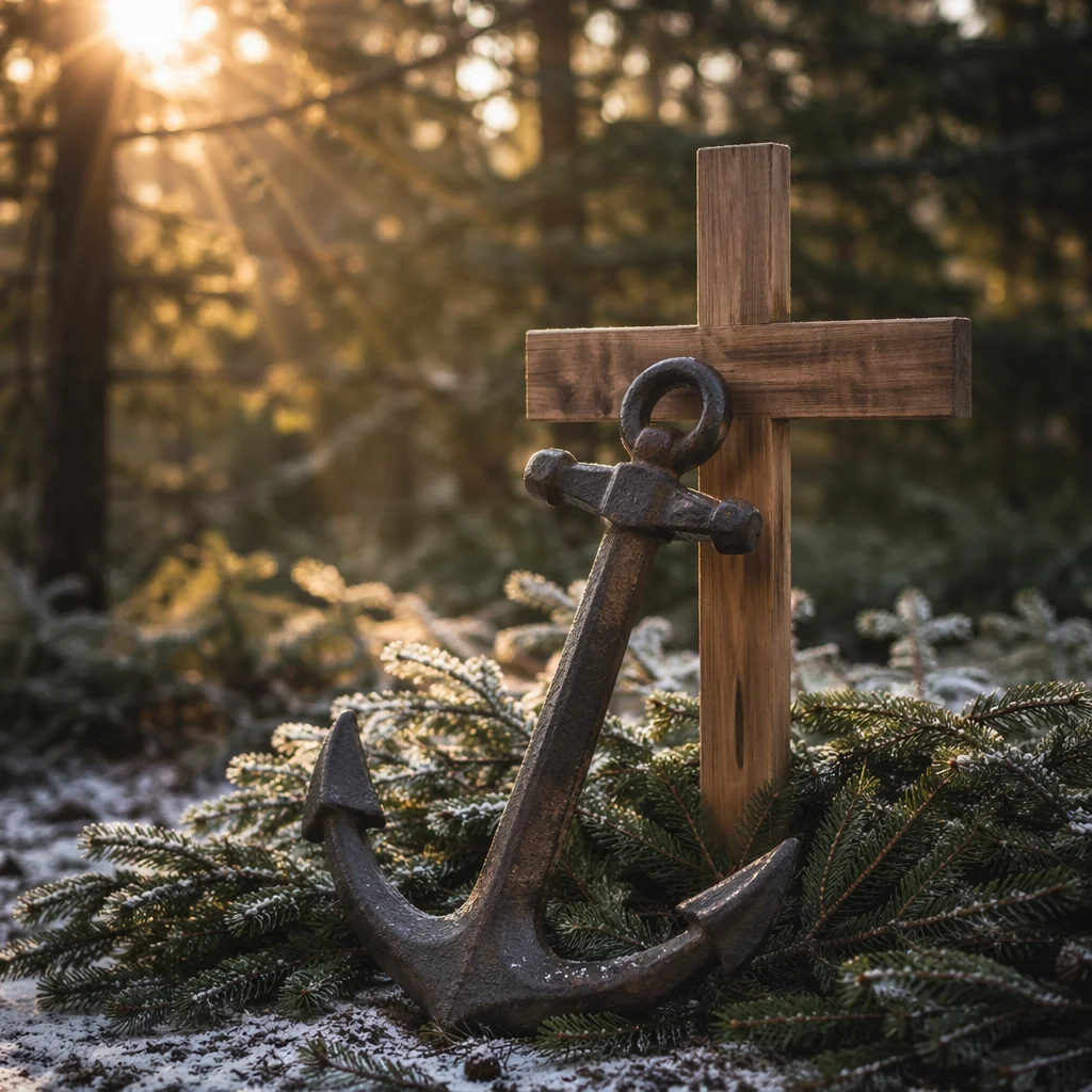 Weathered Anchor and Cross in Evergreen Frost