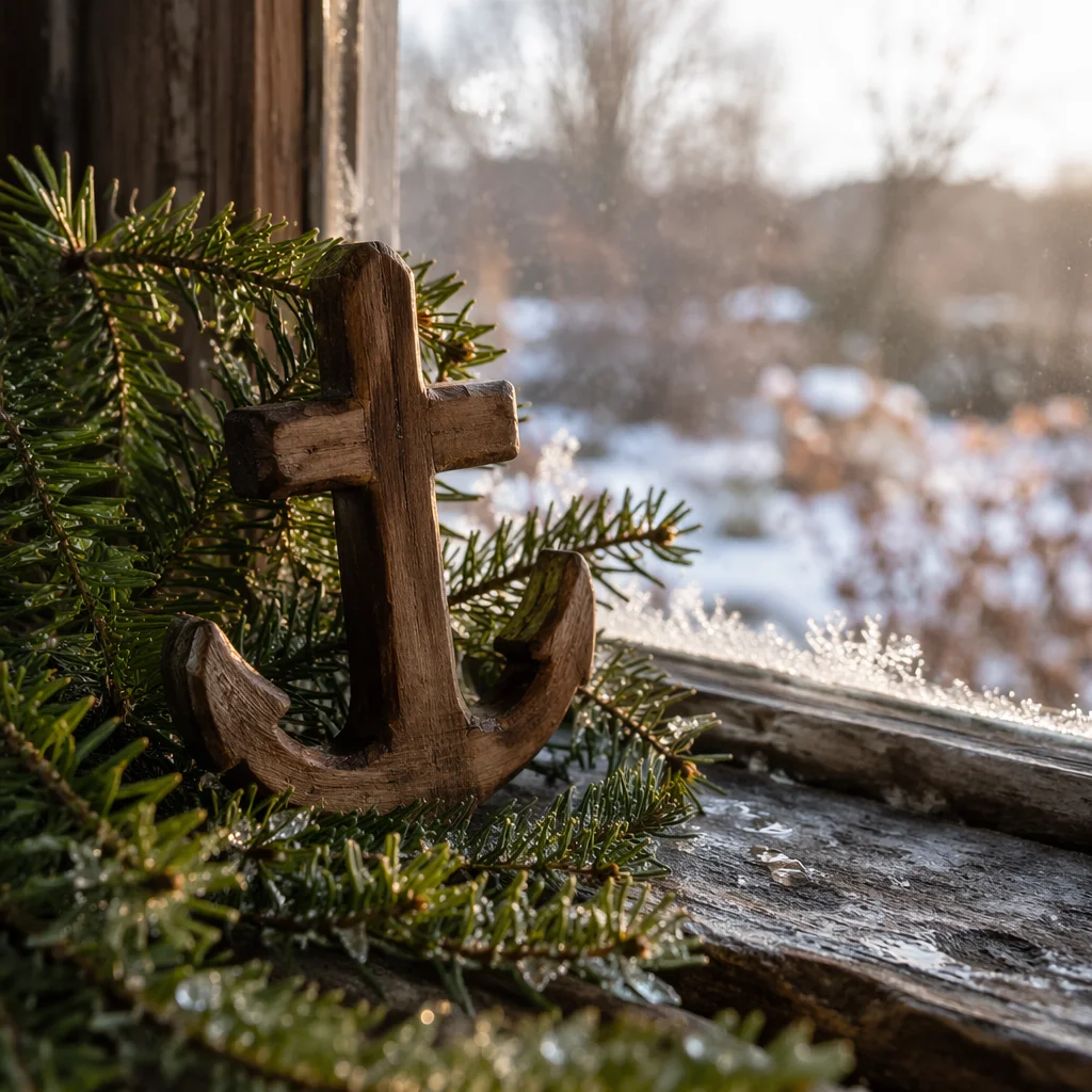 Wooden Anchor Cross Among Evergreen Branches