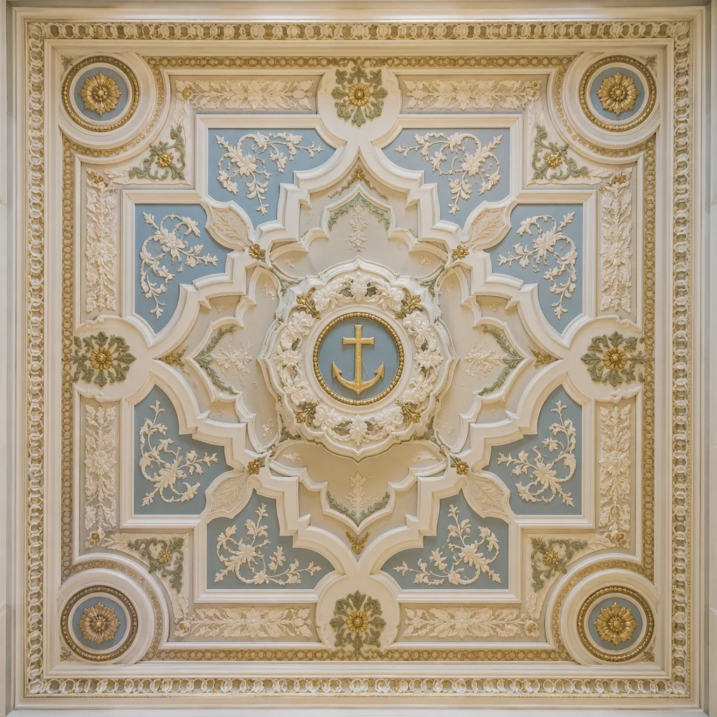Ornate Ceiling with Anchor Cross Emblem