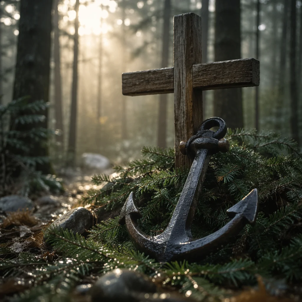 Evergreen Anchor and Wooden Cross of Hope