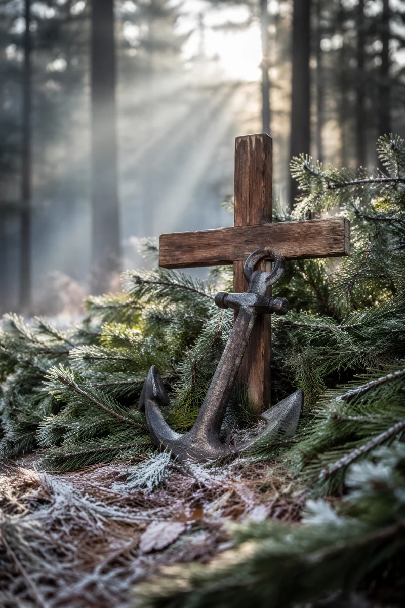 Anchor and Cross Among Frosted Evergreens