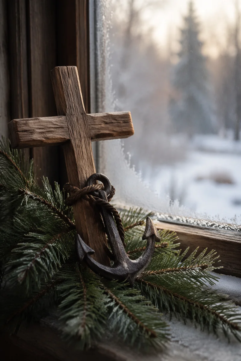 Evergreen Cross and Anchor of Winter Hope