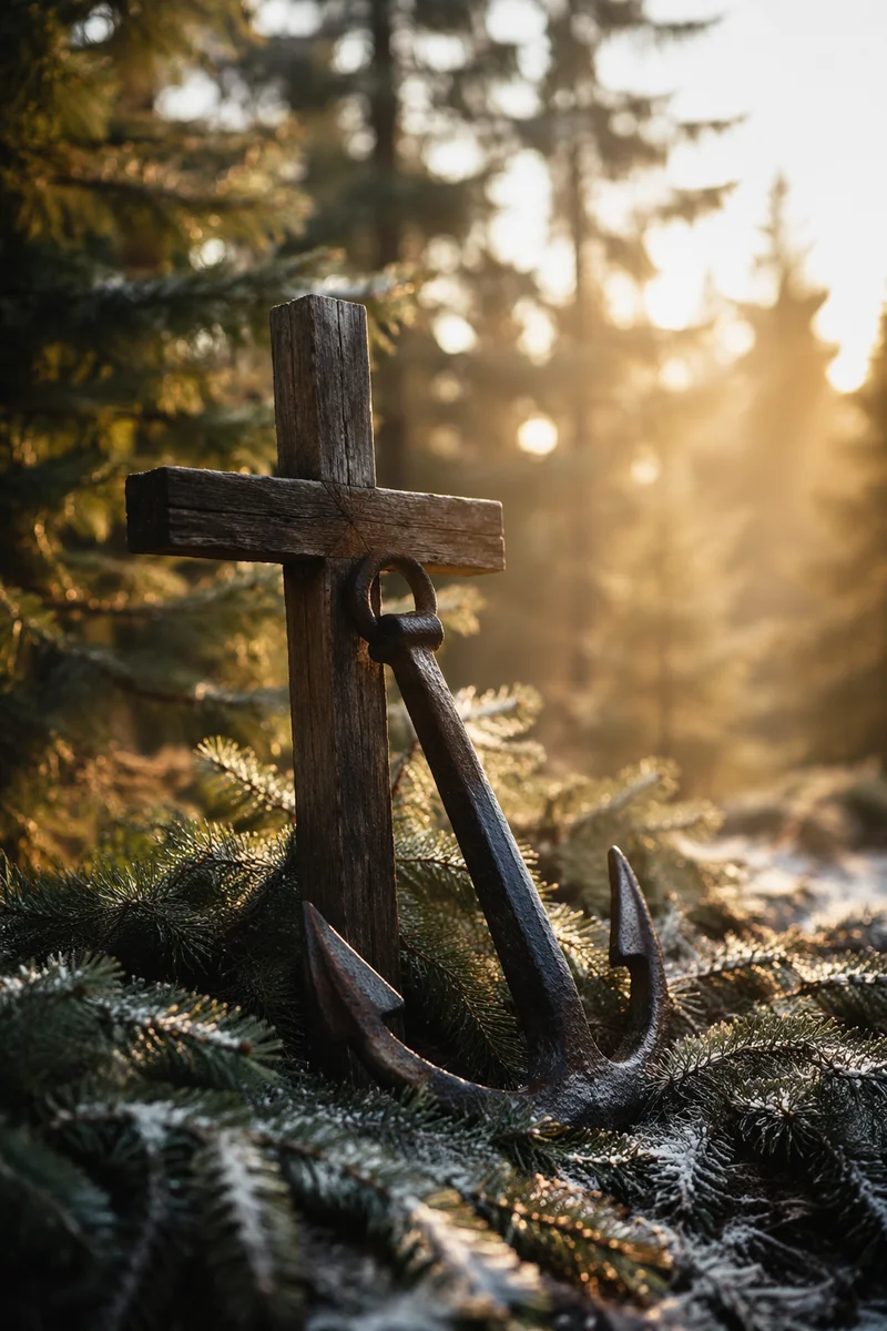 Weathered Anchor and Cross in Evergreen Frost