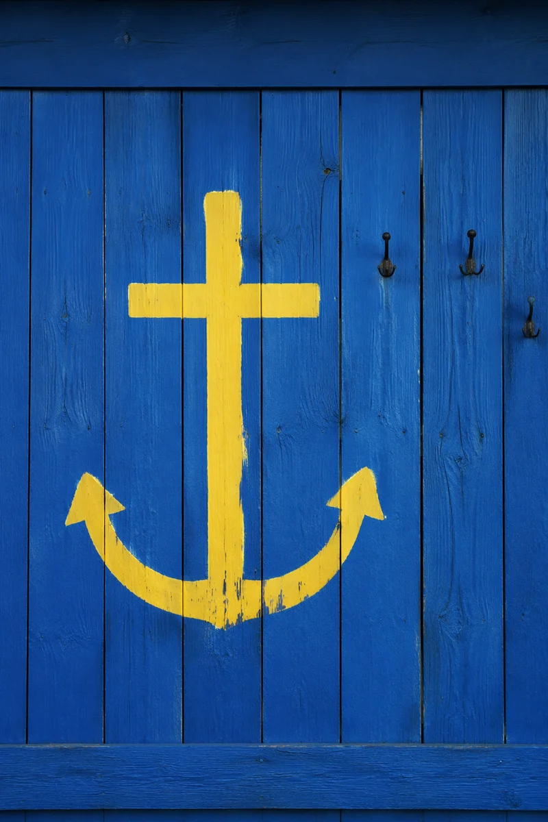 Yellow Anchor Cross on Blue Wooden Planks