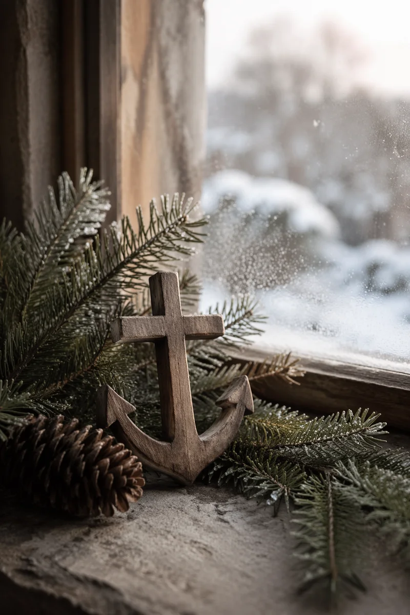 Wooden Anchor Cross Hope Symbol in Evergreen