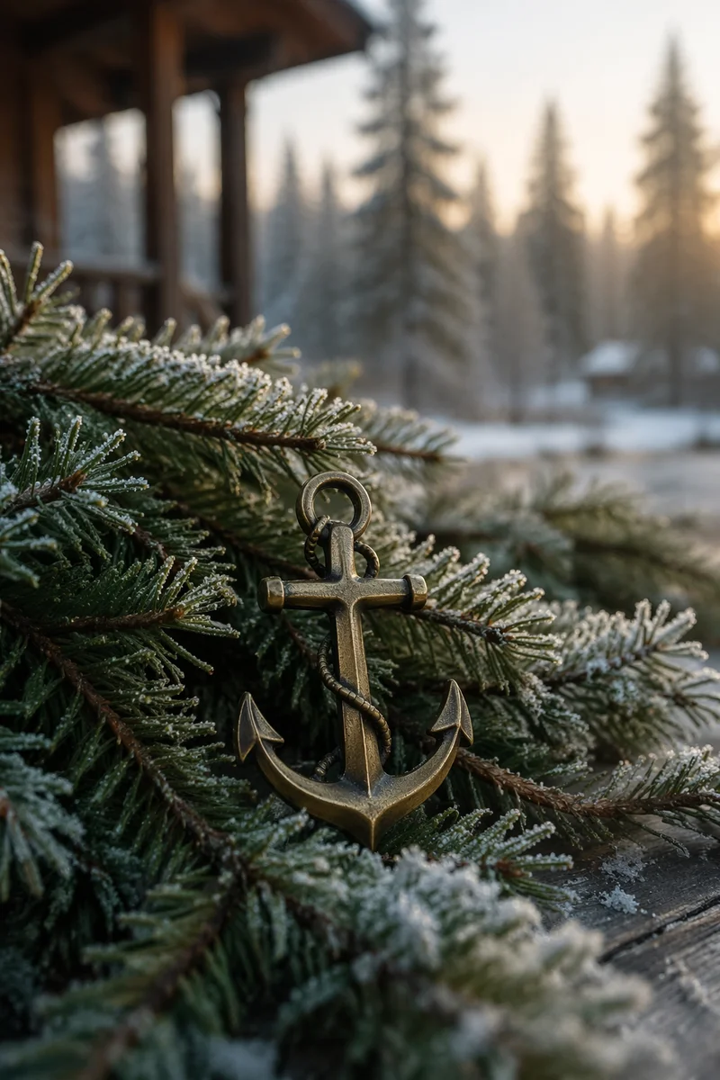 Brass Anchor Cross Among Frosted Evergreens