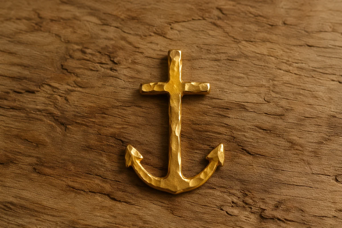 Gold Anchor Cross Hope on Warm Wood