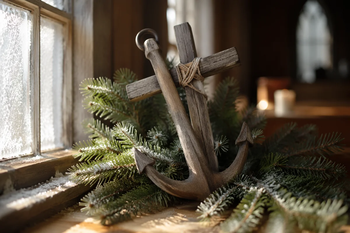 Wooden Anchor Cross with Evergreen Hope