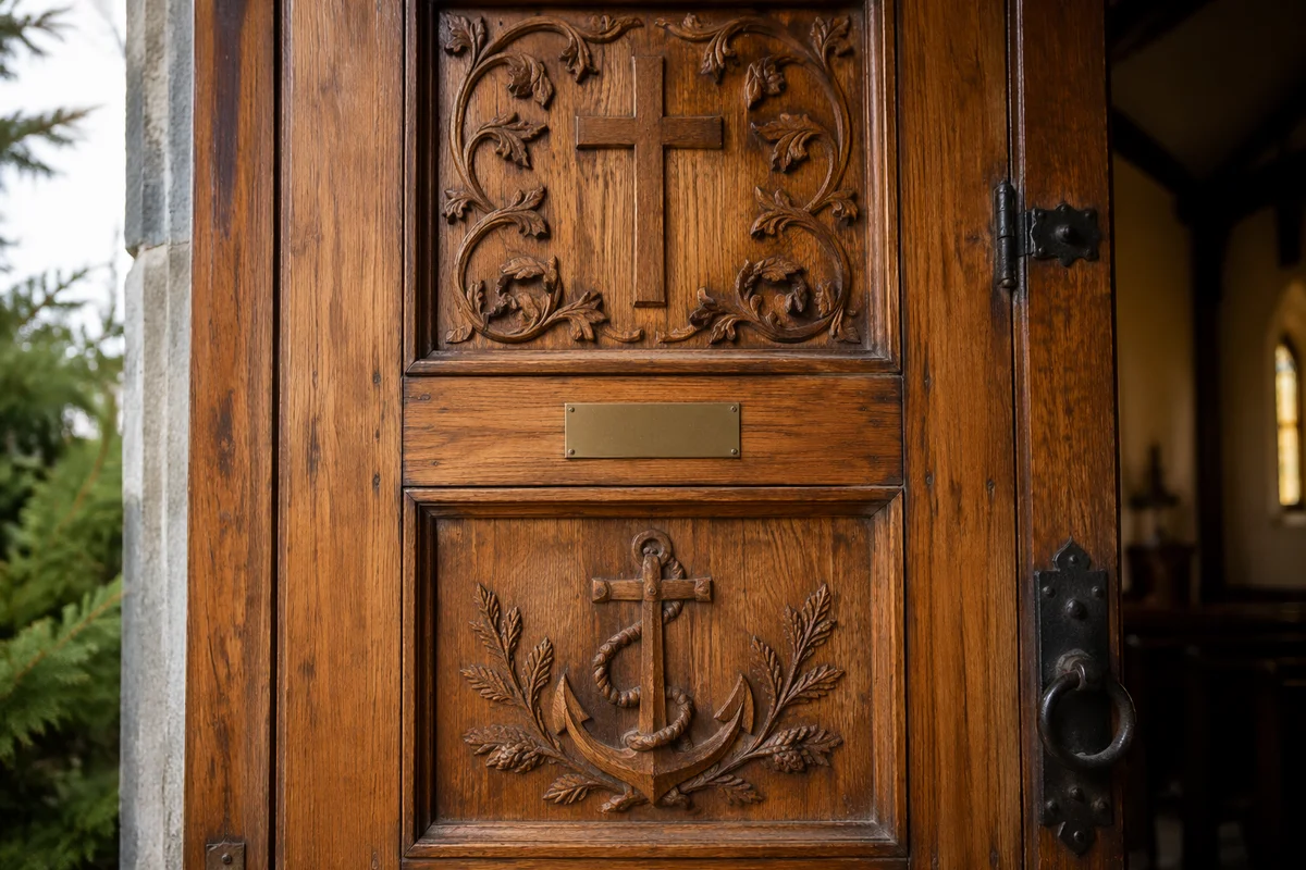 Carved Chapel Door with Anchor Cross Hope
