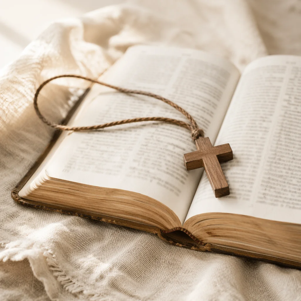 Wooden Cross on Open Bible and Linen