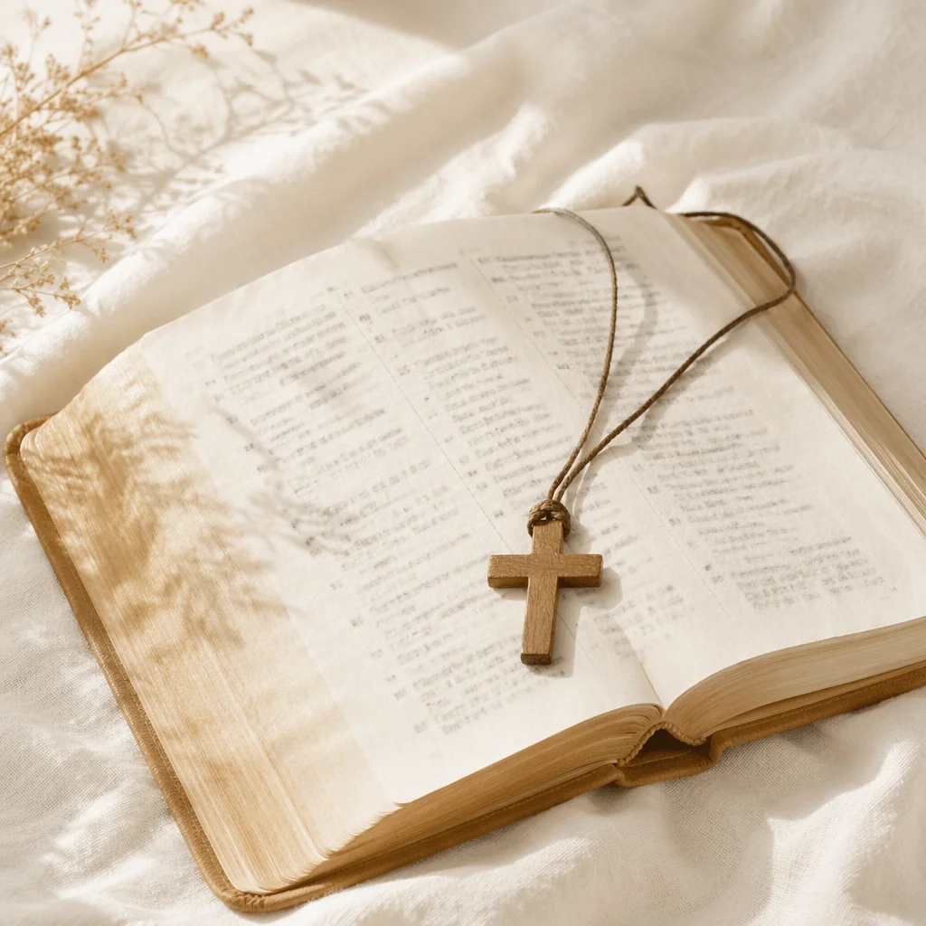Open Bible with Wooden Cross on Linen