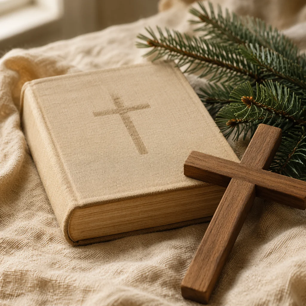 Evergreen Bible and Wooden Cross on Linen