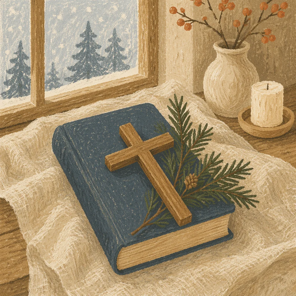 Bible and Wooden Cross on Linen