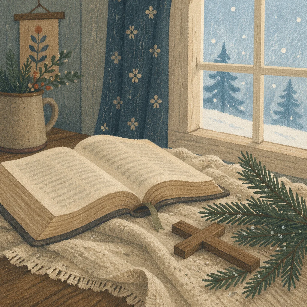 Open Bible and Wooden Cross on Linen