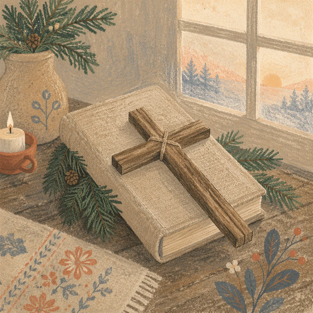 Wooden Cross and Bible on Linen