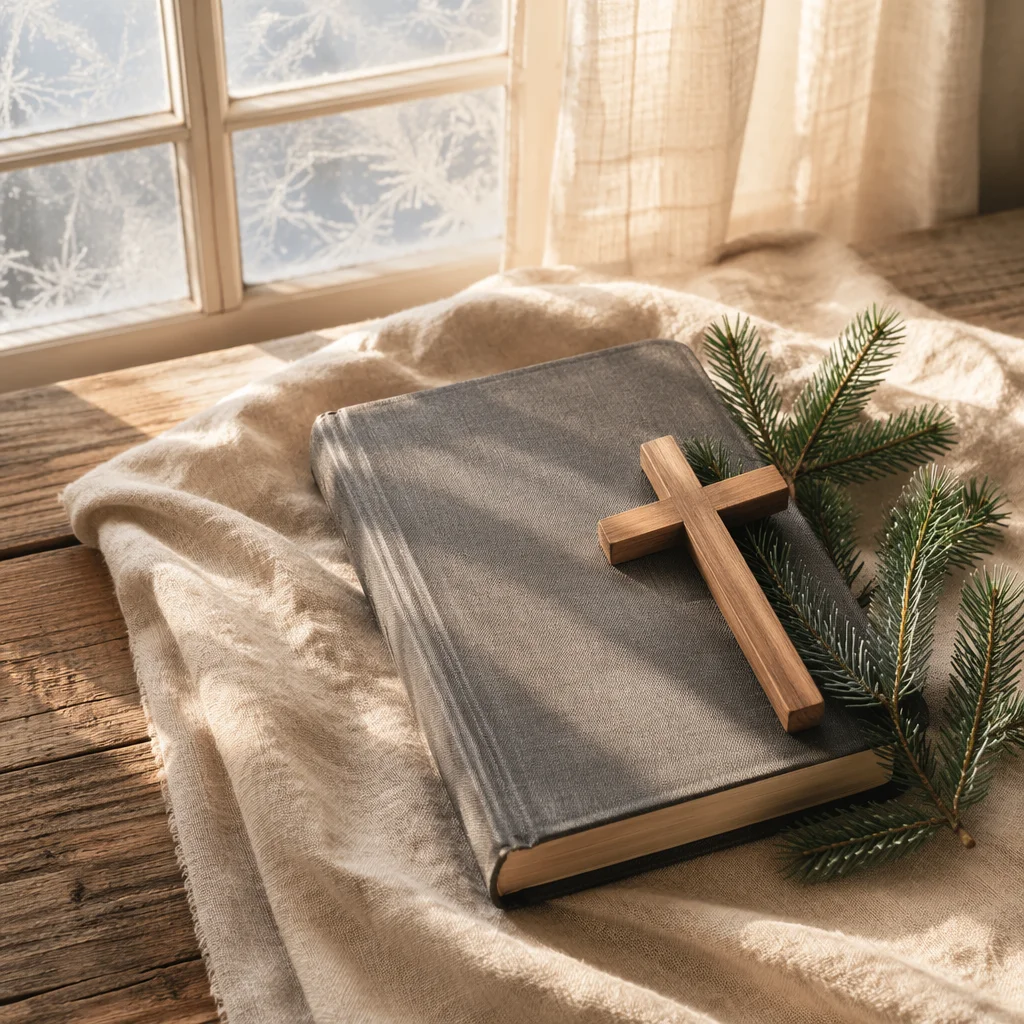 Bible Wooden Cross and Evergreen on Linen