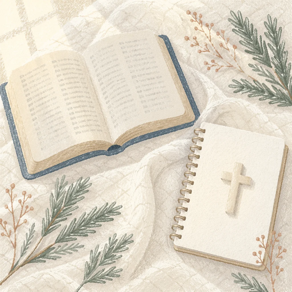 Open Bible and Ivory Cross on Linen