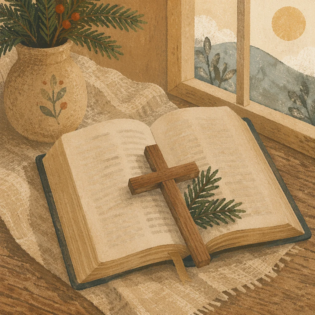 Open Bible with Wooden Cross and Evergreen