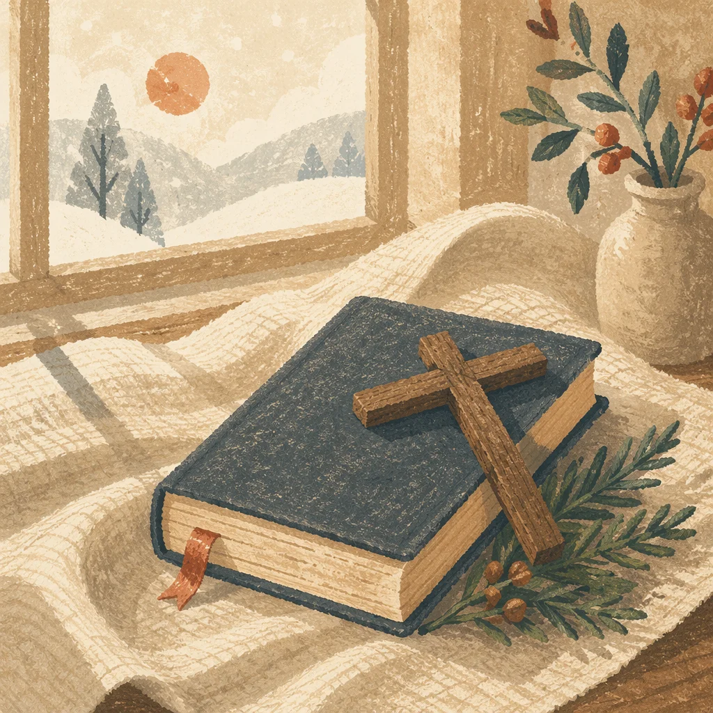 Bible and Wooden Cross on Linen