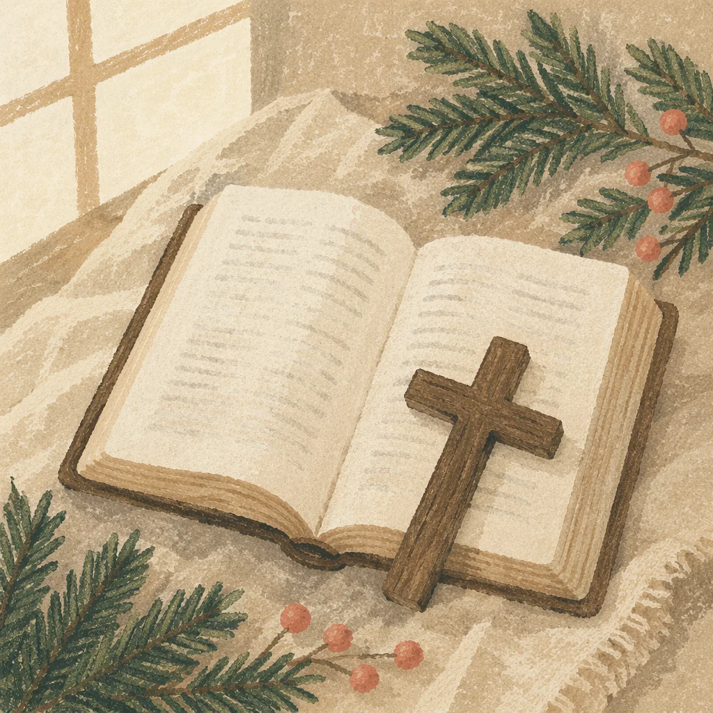 Open Bible with Wooden Cross and Evergreen
