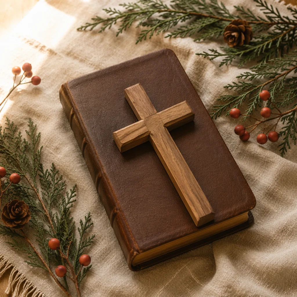 Bible and Wooden Cross on Linen
