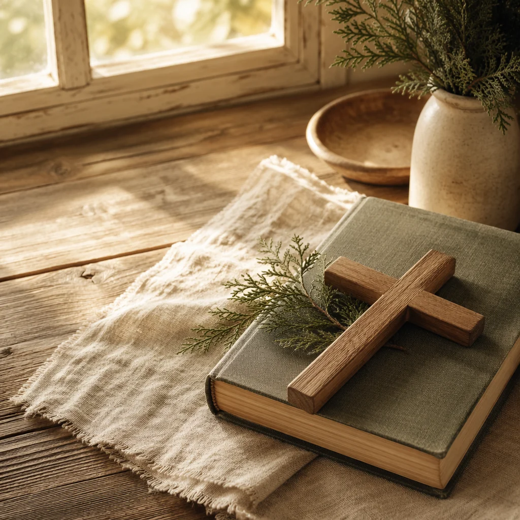 Bible and Wooden Cross on Linen