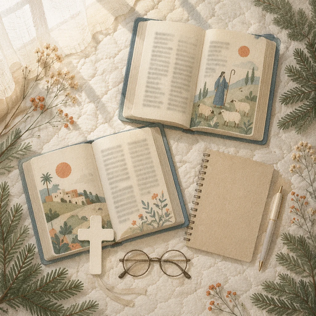 Open Bible and White Cross Flat Lay