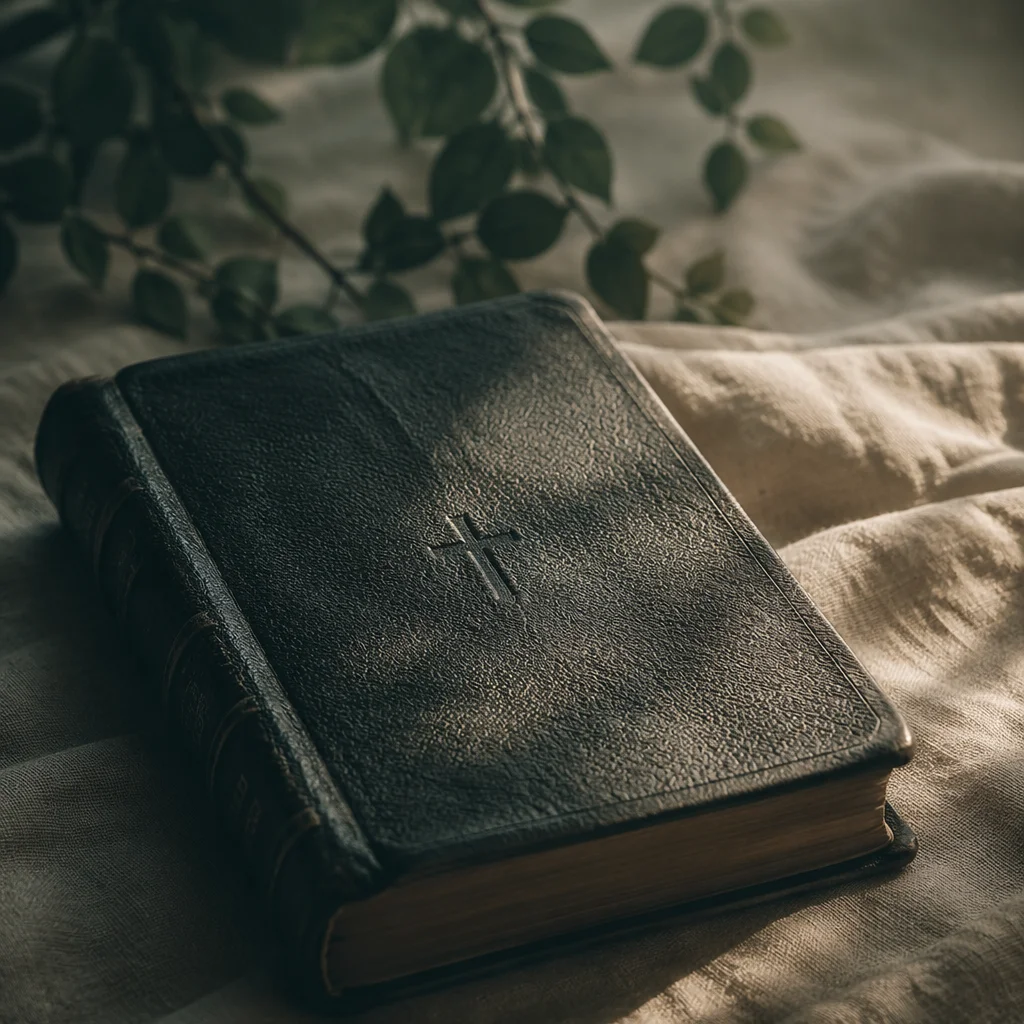 Bible with Cross on Linen Cloth