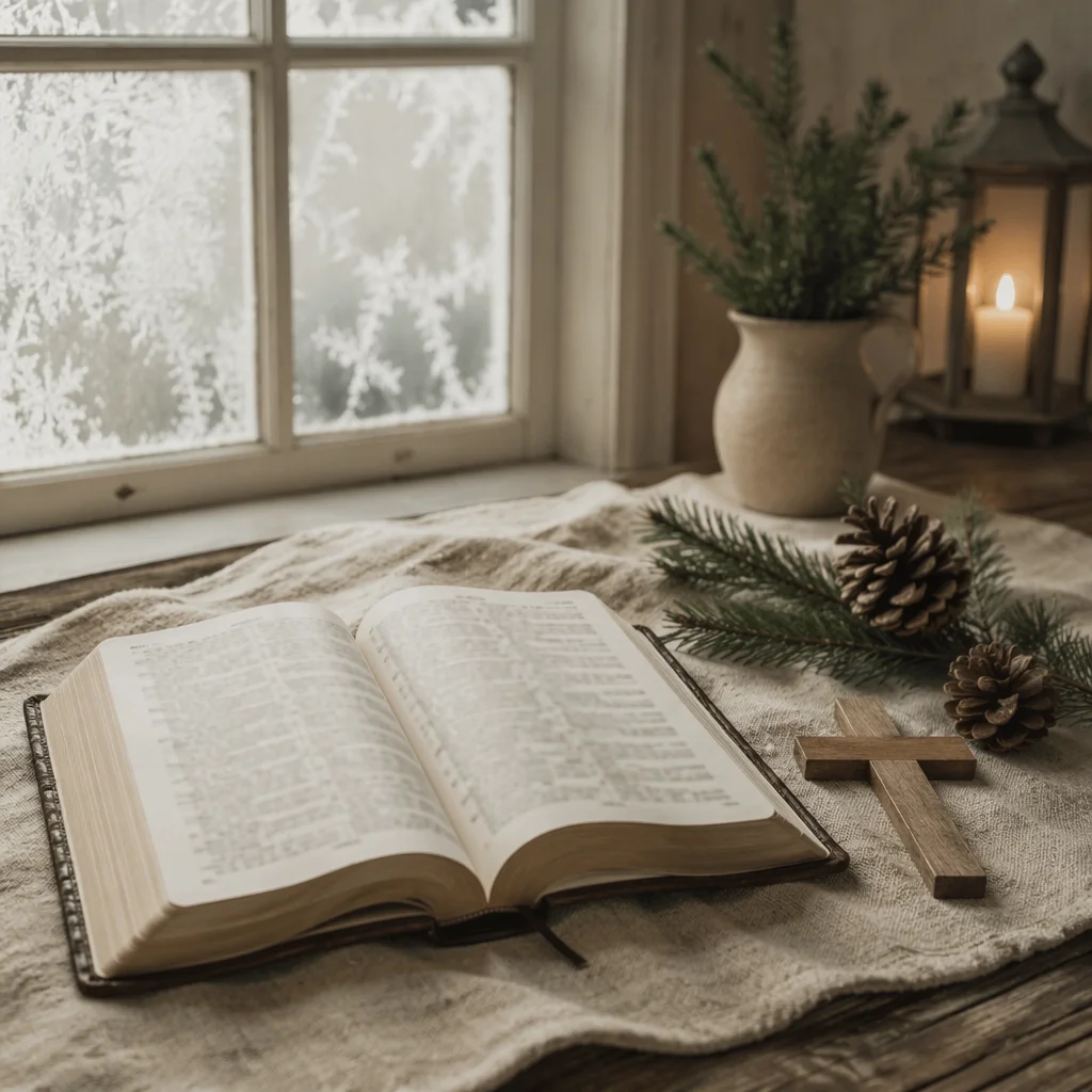 Open Bible and Cross on Linen