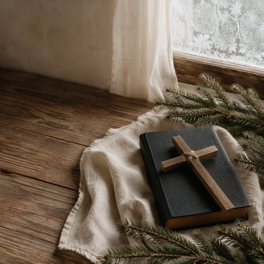 Bible and Wooden Cross on Winter Linen