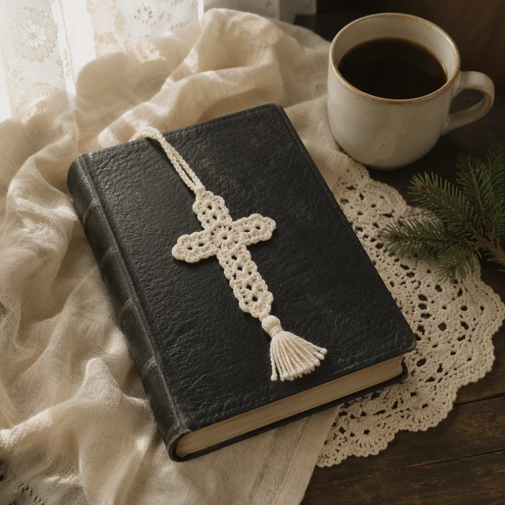 Bible with Crocheted Cross on Linen