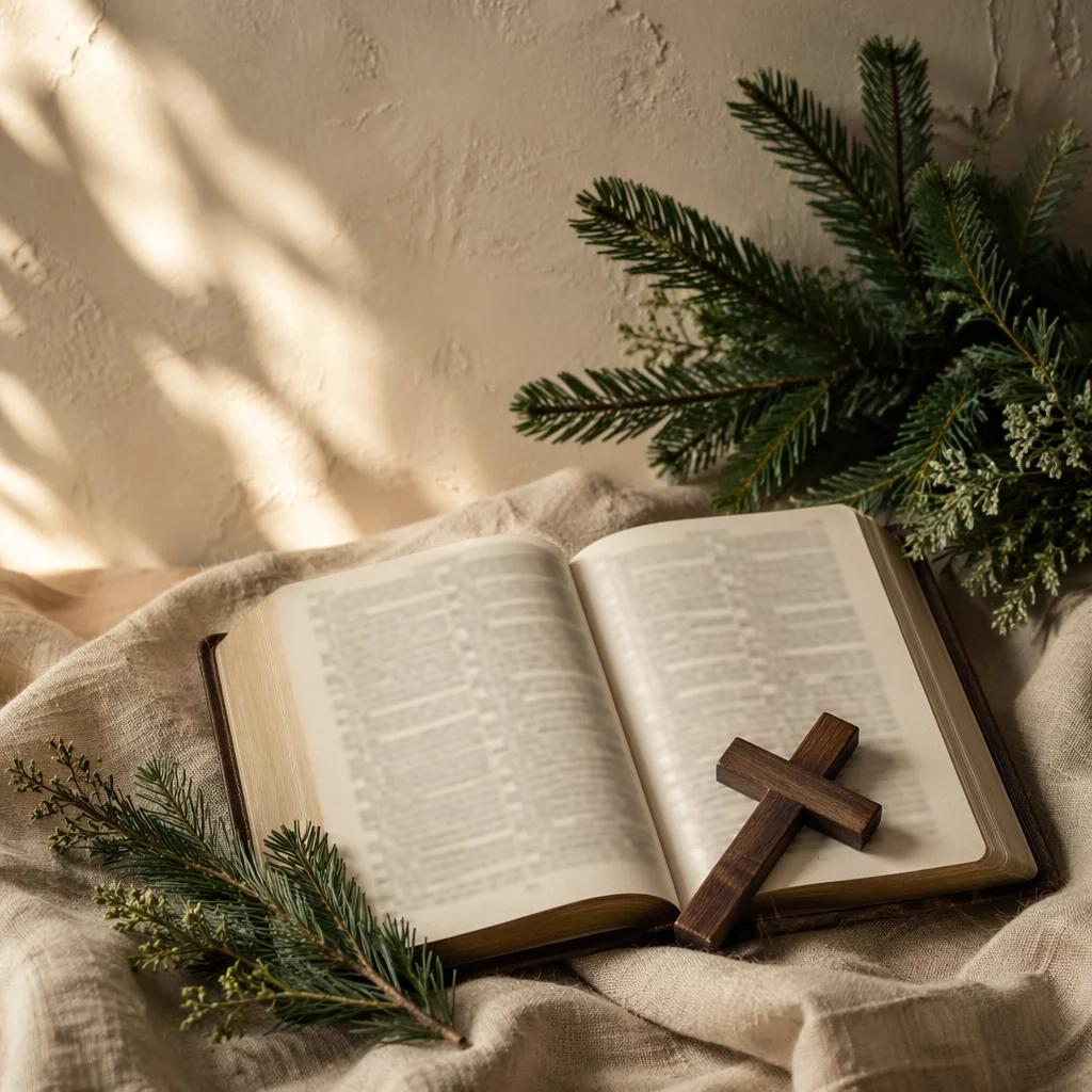Open Bible with Cross and Evergreen