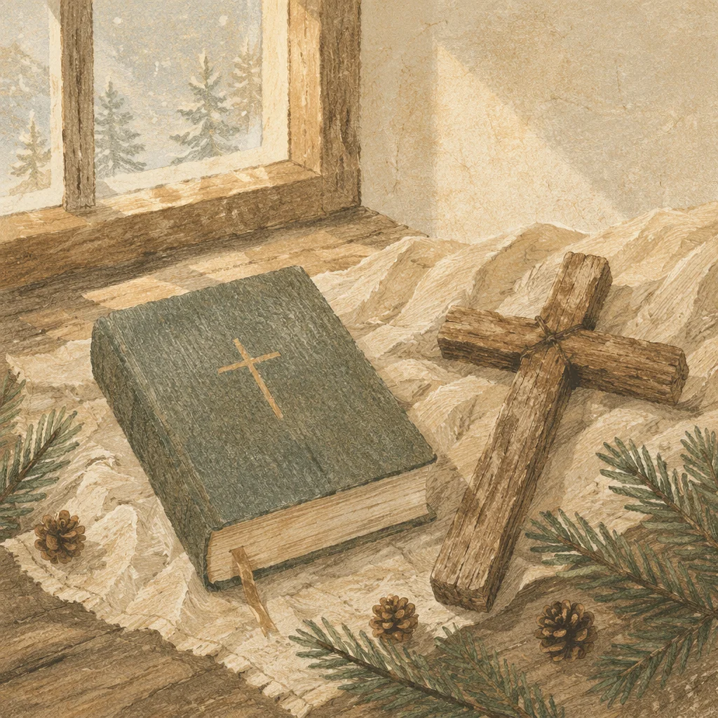 Bible and Wooden Cross on Winter Linen