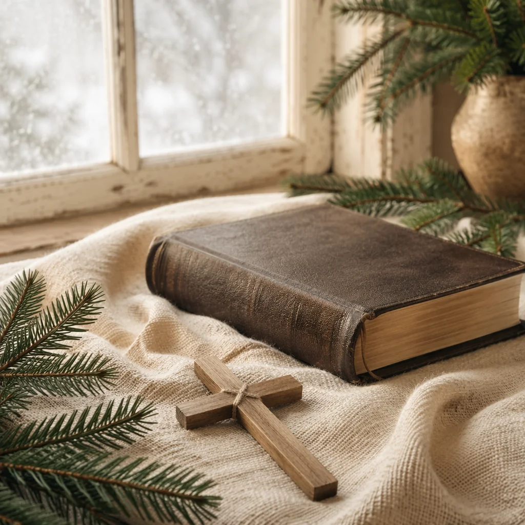 Bible and Wooden Cross on Linen