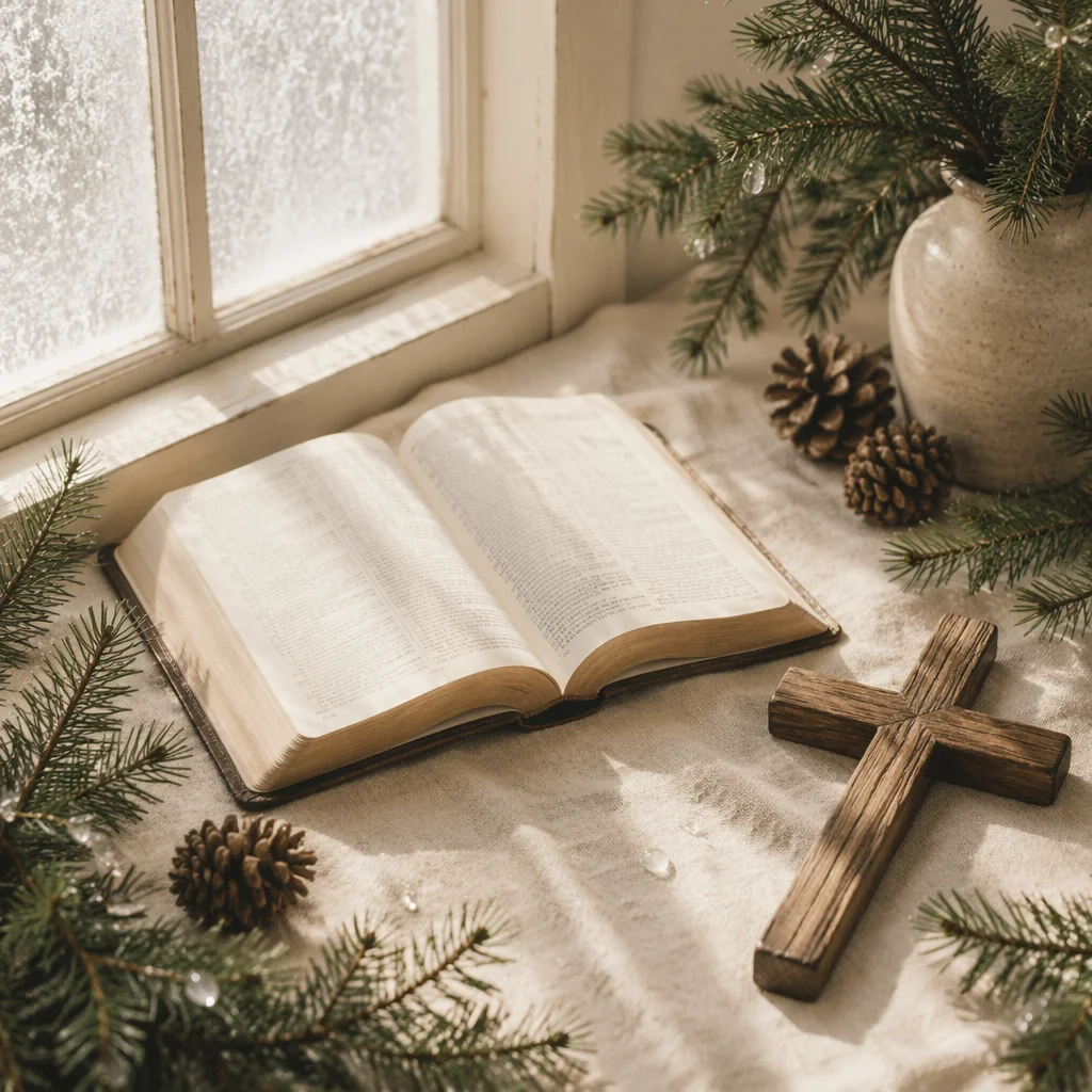 Open Bible and Wooden Cross on Linen