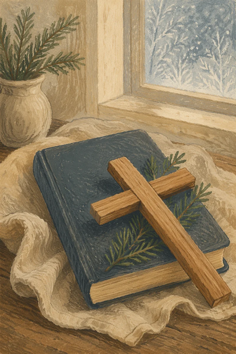 Bible and Wooden Cross on Linen