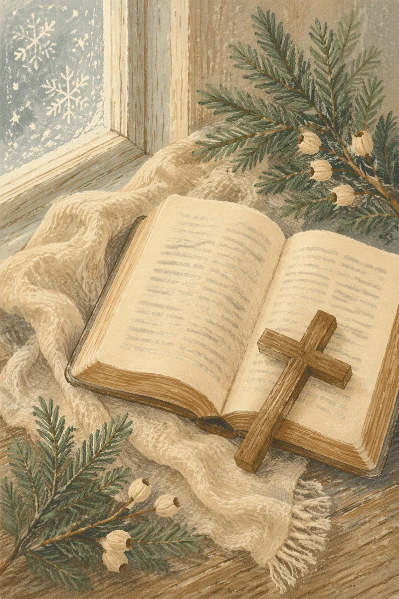 Open Bible with Wooden Cross and Evergreen