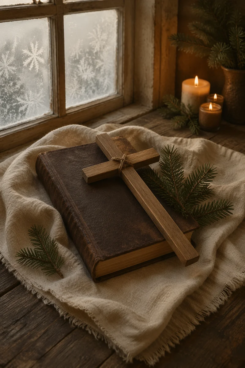 Evergreen Bible and Wooden Cross on Linen